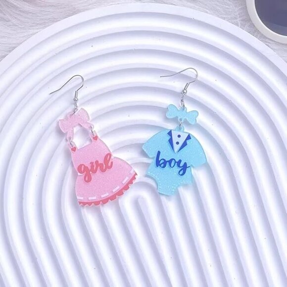 Gender Reveal Earrings Asymmetrical Blue Pink Dress Earrings - Picture 3 of 6